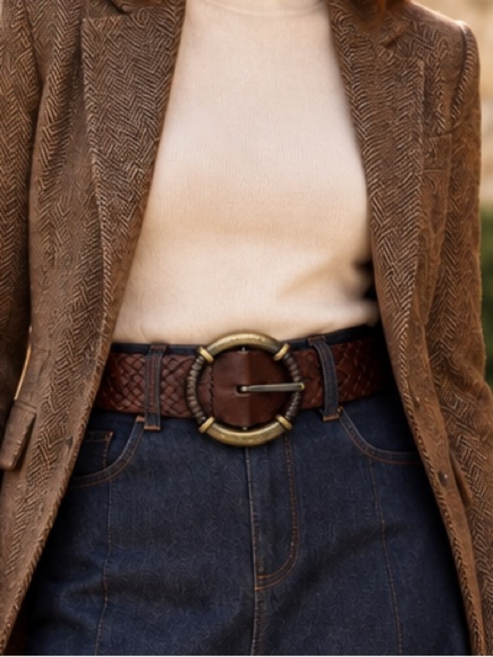 Women’s Brown Woven Leather Belt with Round Brass Buckle Size XL